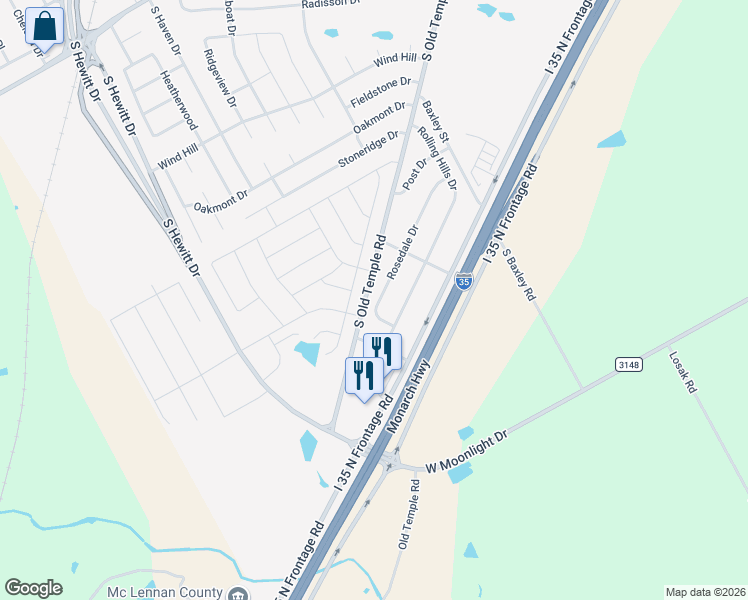 map of restaurants, bars, coffee shops, grocery stores, and more near 919 Rosedale Drive in Hewitt