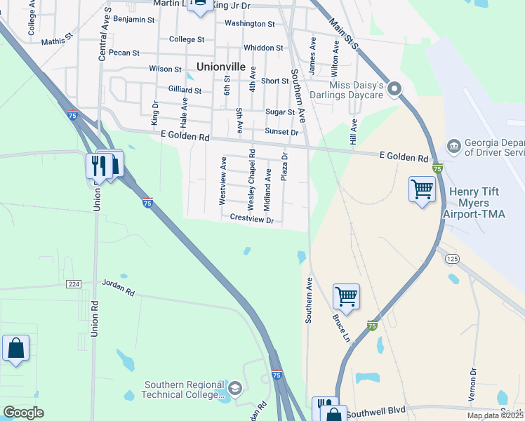 map of restaurants, bars, coffee shops, grocery stores, and more near 4121 Midland Avenue in Tifton