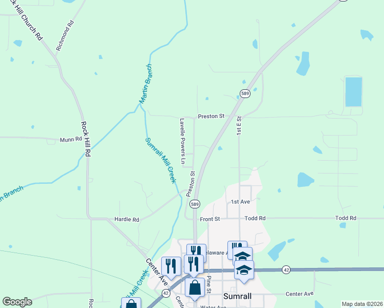 map of restaurants, bars, coffee shops, grocery stores, and more near 80 Venus Park Street in Sumrall