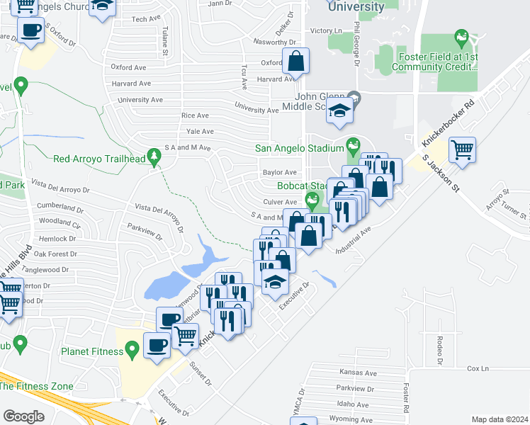 map of restaurants, bars, coffee shops, grocery stores, and more near 2508 South A and M Avenue in San Angelo