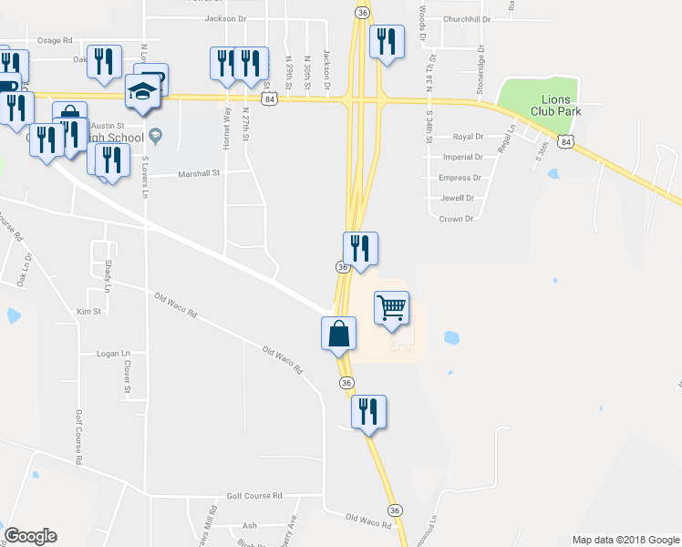map of restaurants, bars, coffee shops, grocery stores, and more near 2601 Highway 36 in Gatesville