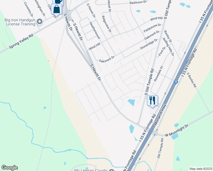 map of restaurants, bars, coffee shops, grocery stores, and more near Farm to Market Road 1695 in Hewitt