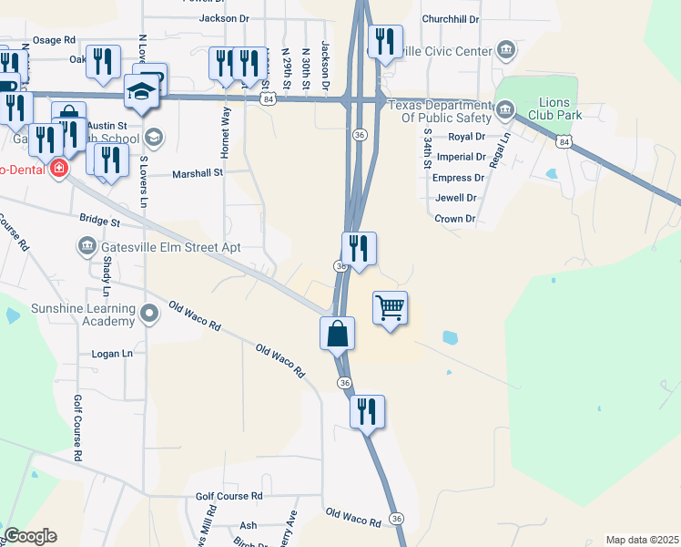 map of restaurants, bars, coffee shops, grocery stores, and more near 2601 Highway 36 in Gatesville