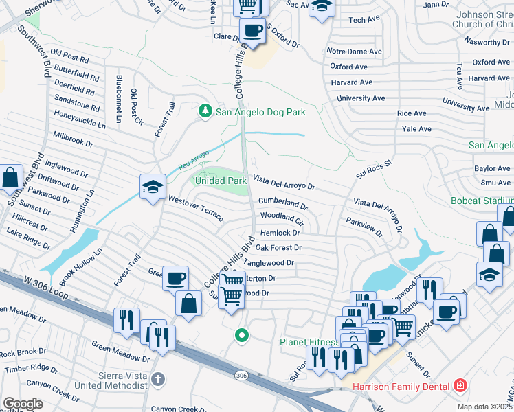 map of restaurants, bars, coffee shops, grocery stores, and more near 2943-3199 Cumberland Drive in San Angelo