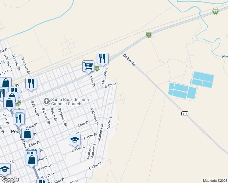 map of restaurants, bars, coffee shops, grocery stores, and more near 500-598 Rancho Street in Pecos