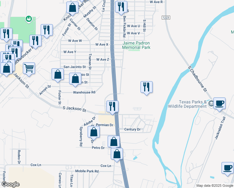 map of restaurants, bars, coffee shops, grocery stores, and more near 3174-3302 South Bryant Boulevard in San Angelo