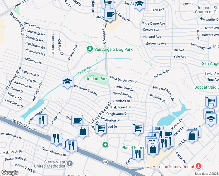map of restaurants, bars, coffee shops, grocery stores, and more near 3199 Cumberland Drive in San Angelo