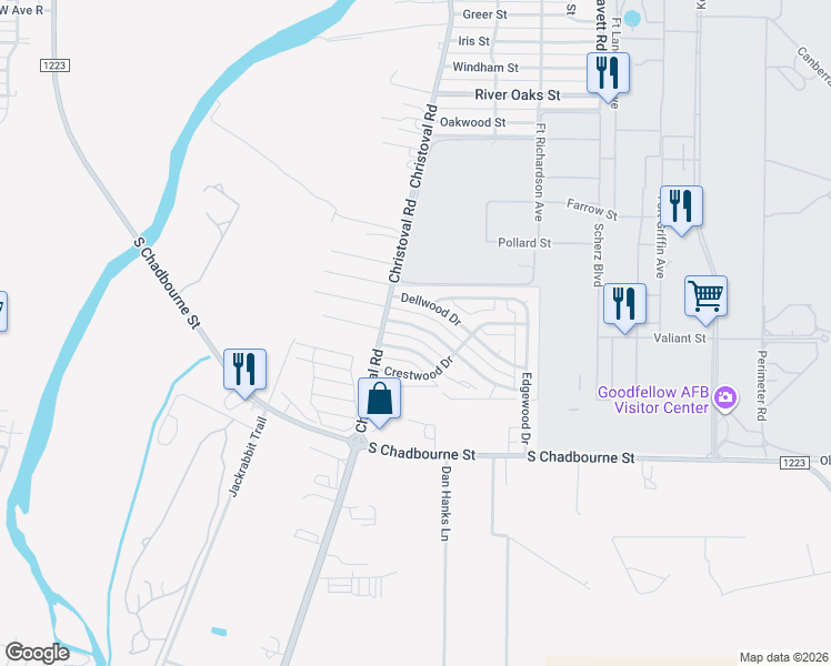 map of restaurants, bars, coffee shops, grocery stores, and more near 121 Norwood Drive in San Angelo