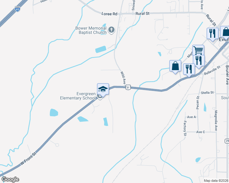 map of restaurants, bars, coffee shops, grocery stores, and more near Kendall Avenue in Evergreen
