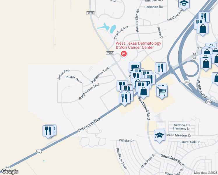 map of restaurants, bars, coffee shops, grocery stores, and more near 6102 Grand Court Road in San Angelo