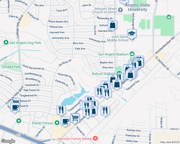 map of restaurants, bars, coffee shops, grocery stores, and more near 1800-2138 A and M Avenue in San Angelo