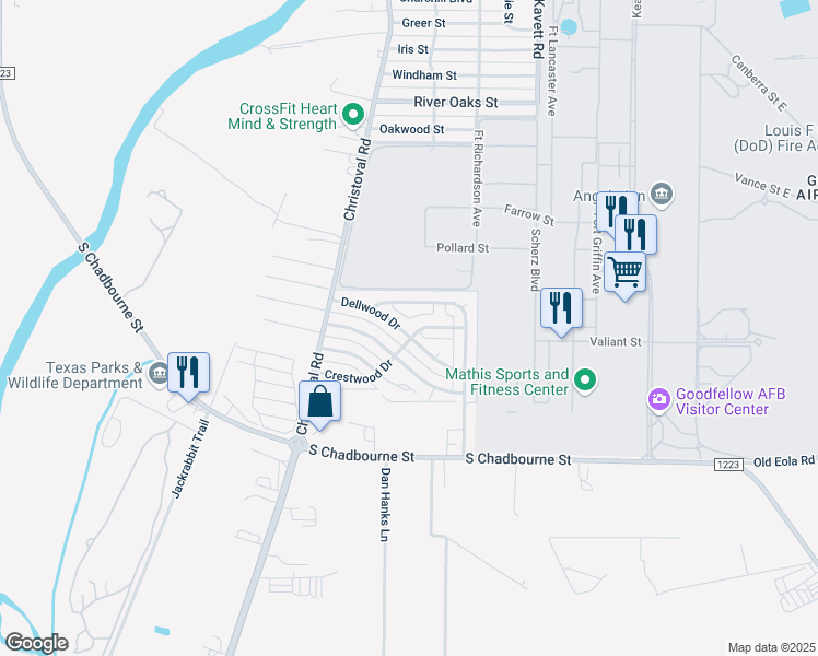 map of restaurants, bars, coffee shops, grocery stores, and more near 202 Crestwood Drive in San Angelo