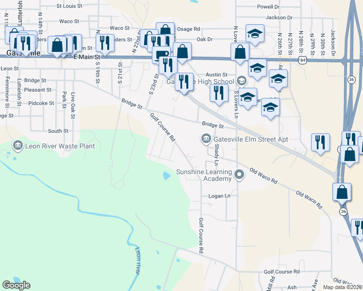 map of restaurants, bars, coffee shops, grocery stores, and more near 602A Golf Course Road in Gatesville