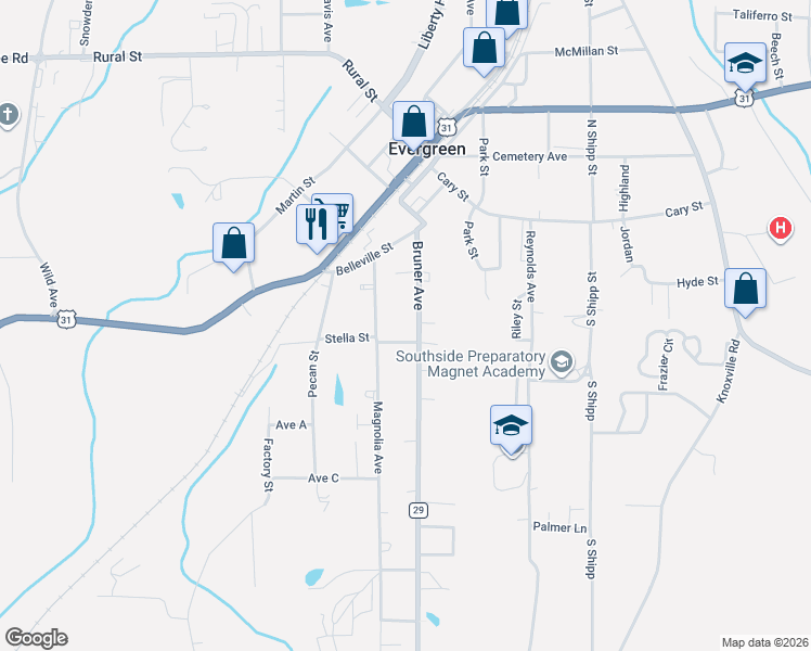 map of restaurants, bars, coffee shops, grocery stores, and more near 242-298 County Highway 29 in Evergreen