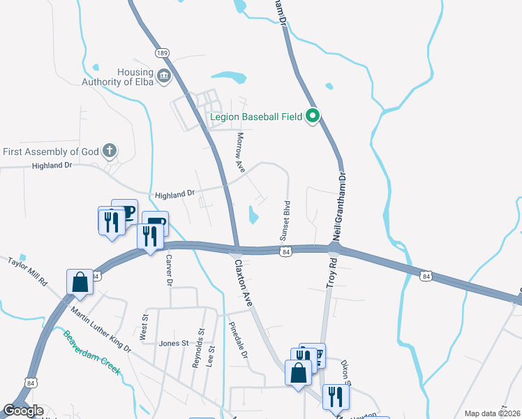 map of restaurants, bars, coffee shops, grocery stores, and more near 1055 Morrow Street in Elba
