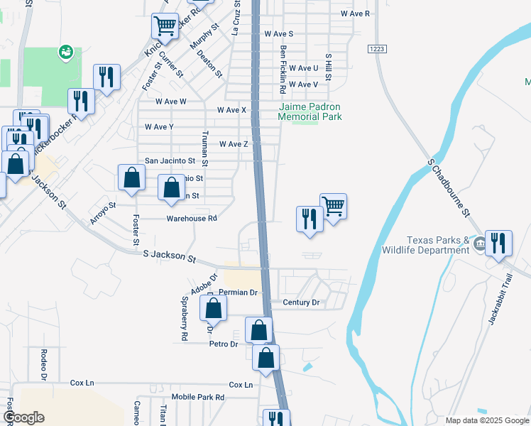 map of restaurants, bars, coffee shops, grocery stores, and more near 3174 South Bryant Boulevard in San Angelo