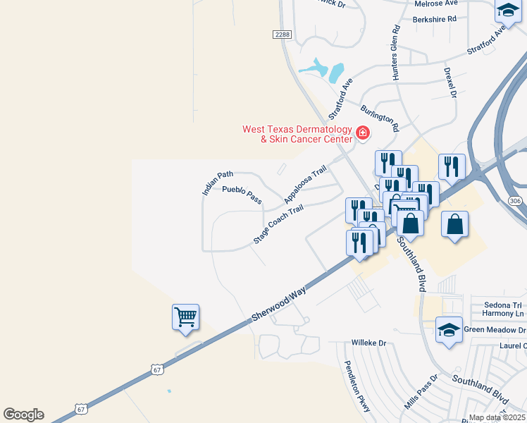 map of restaurants, bars, coffee shops, grocery stores, and more near 6329 Pueblo Pass in San Angelo
