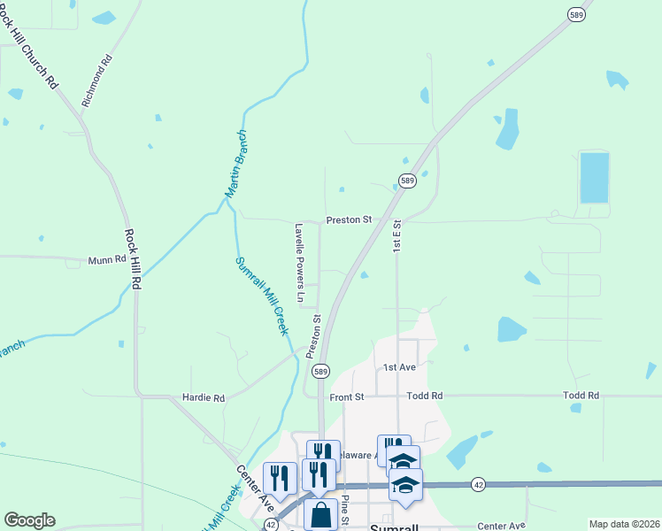 map of restaurants, bars, coffee shops, grocery stores, and more near 80 Venus Park Street in Sumrall