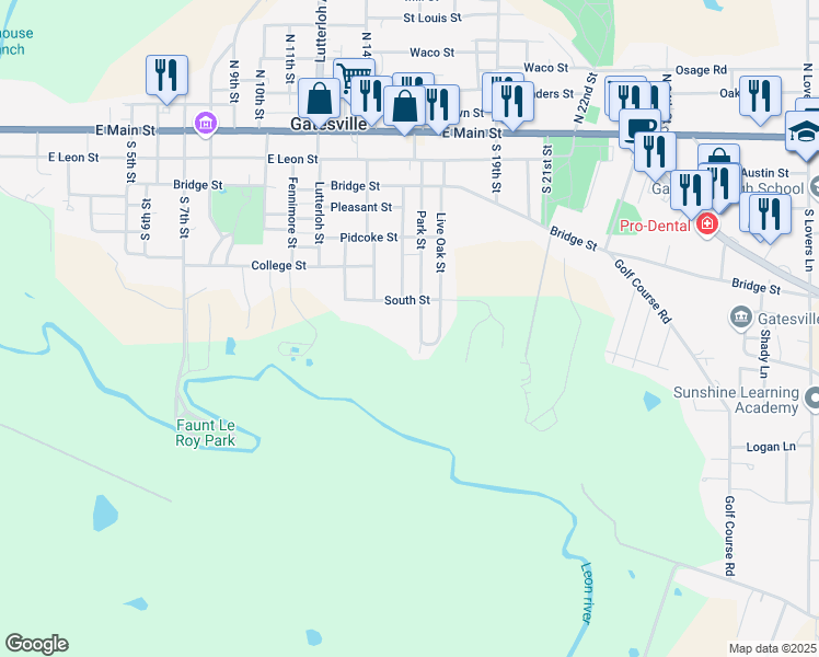 map of restaurants, bars, coffee shops, grocery stores, and more near 1601 Oak Park Circle in Gatesville
