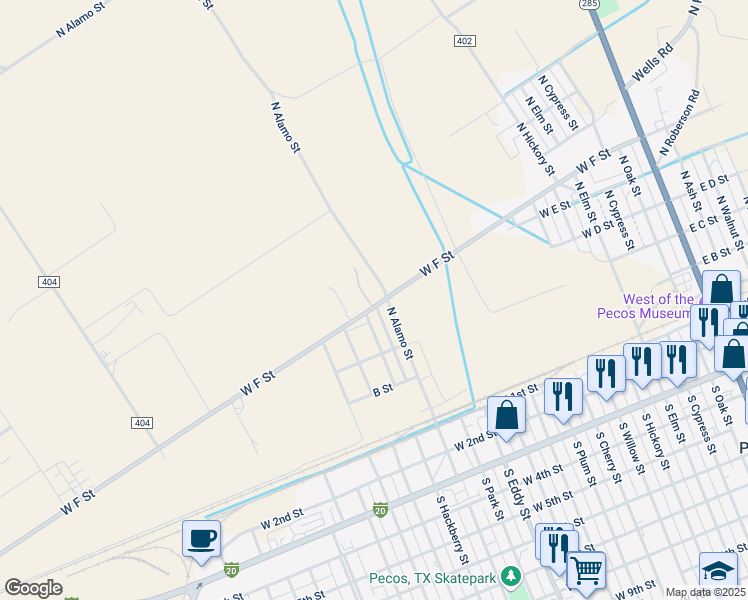map of restaurants, bars, coffee shops, grocery stores, and more near 1203 West F Street in Pecos