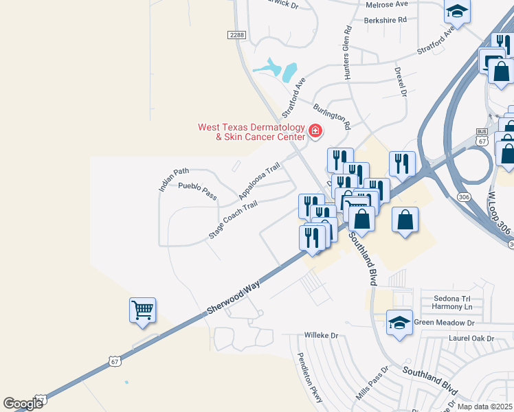 map of restaurants, bars, coffee shops, grocery stores, and more near 6105 Stage Coach Trail in San Angelo