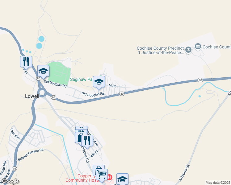 map of restaurants, bars, coffee shops, grocery stores, and more near 106 D Street in Bisbee