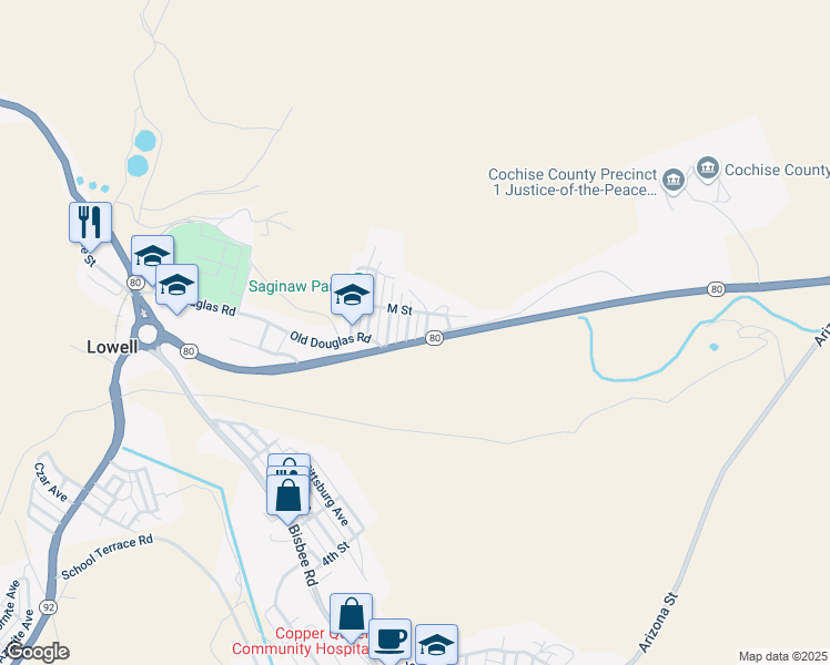 map of restaurants, bars, coffee shops, grocery stores, and more near 106 D Street in Bisbee