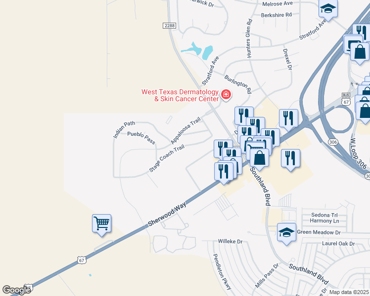 map of restaurants, bars, coffee shops, grocery stores, and more near 6105 Stage Coach Trail in San Angelo