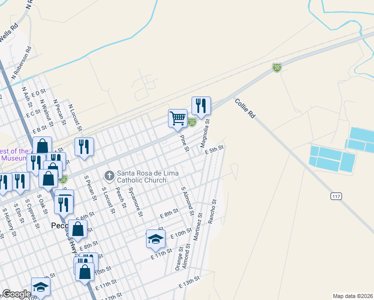 map of restaurants, bars, coffee shops, grocery stores, and more near 1300-1302 East 5th Street in Pecos