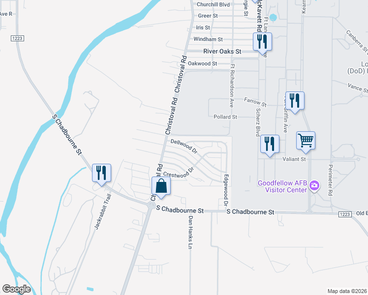 map of restaurants, bars, coffee shops, grocery stores, and more near 121 Norwood Drive in San Angelo