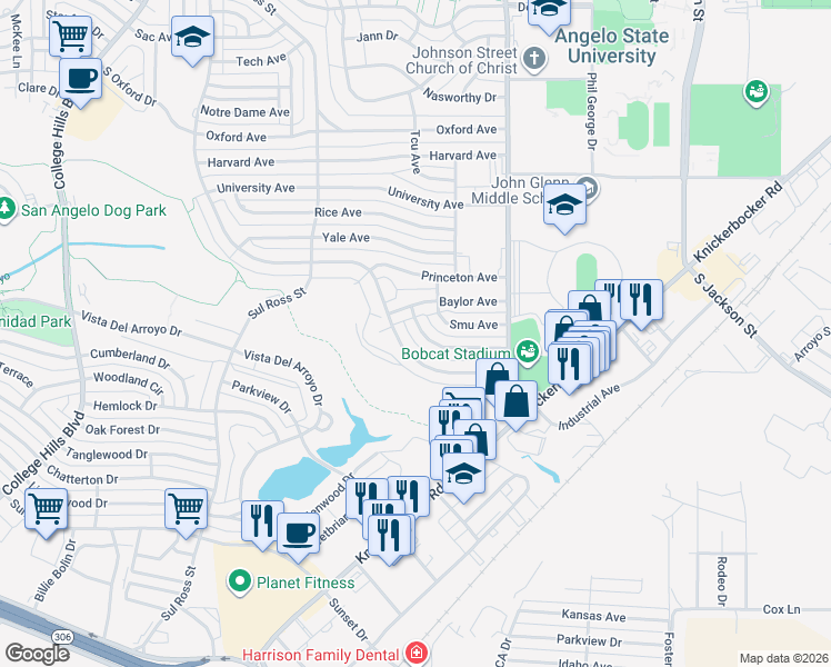 map of restaurants, bars, coffee shops, grocery stores, and more near 1800-2138 A and M Avenue in San Angelo