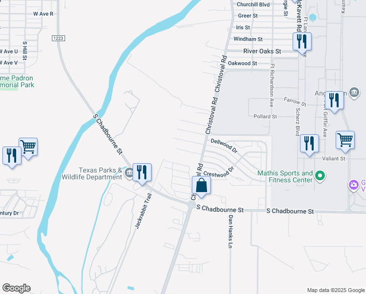 map of restaurants, bars, coffee shops, grocery stores, and more near 18 Tracie Trail in San Angelo