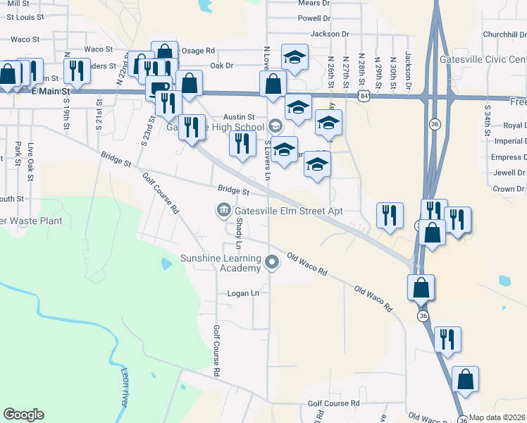 map of restaurants, bars, coffee shops, grocery stores, and more near 614 South Lovers Lane in Gatesville
