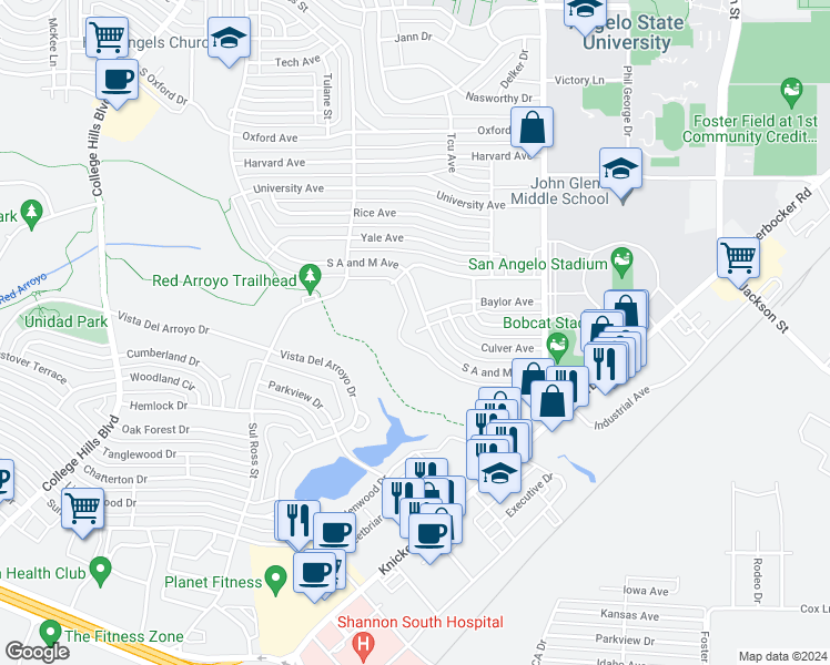 map of restaurants, bars, coffee shops, grocery stores, and more near 2826 A and M Circle in San Angelo