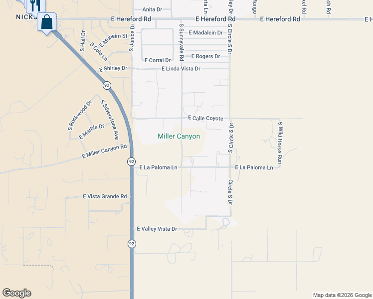 map of restaurants, bars, coffee shops, grocery stores, and more near 7799 South Sunnyvale Road in Hereford