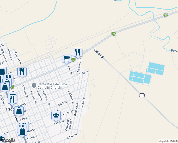 map of restaurants, bars, coffee shops, grocery stores, and more near 500 Rancho Street in Pecos