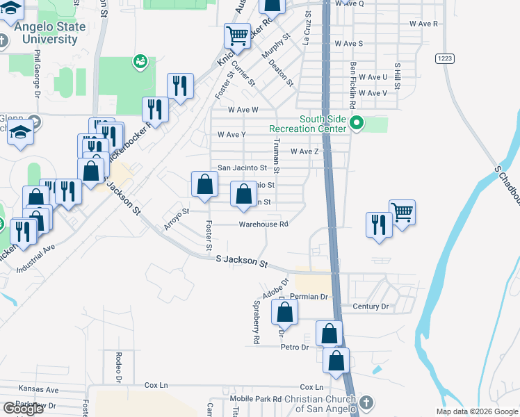 map of restaurants, bars, coffee shops, grocery stores, and more near 700-800 Julian St in San Angelo