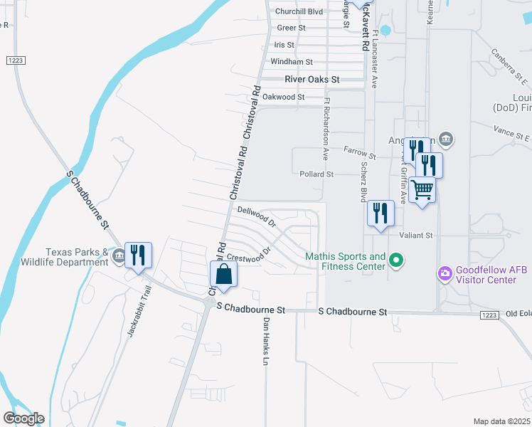 map of restaurants, bars, coffee shops, grocery stores, and more near 214 Edgewood Drive in San Angelo