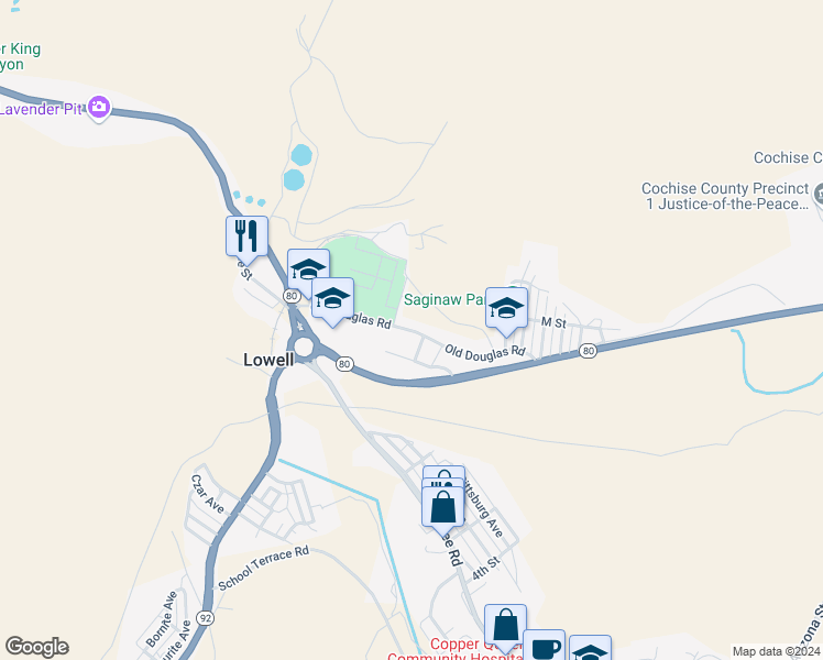 map of restaurants, bars, coffee shops, grocery stores, and more near Old Douglas Road in Bisbee