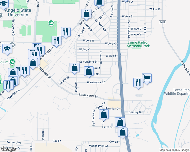 map of restaurants, bars, coffee shops, grocery stores, and more near 700-800 Julian St in San Angelo