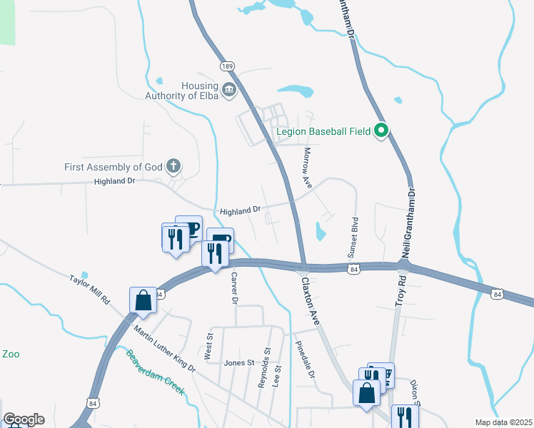 map of restaurants, bars, coffee shops, grocery stores, and more near 1200-1246 Highland St in Elba
