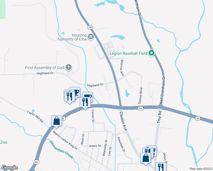 map of restaurants, bars, coffee shops, grocery stores, and more near 1200-1246 Highland St in Elba