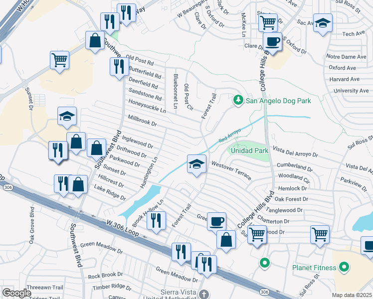 map of restaurants, bars, coffee shops, grocery stores, and more near 3600-3798 High Meadow Drive in San Angelo