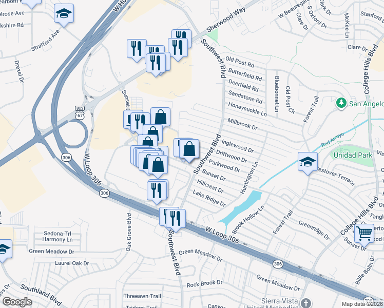 map of restaurants, bars, coffee shops, grocery stores, and more near 3999 Driftwood Drive in San Angelo