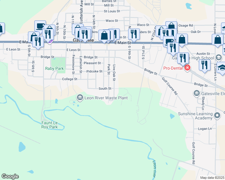 map of restaurants, bars, coffee shops, grocery stores, and more near 615 Park Street in Gatesville