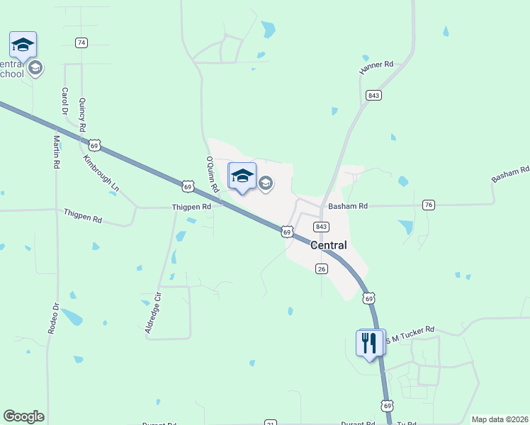 map of restaurants, bars, coffee shops, grocery stores, and more near 140 Alton Allen Loop in Pollok