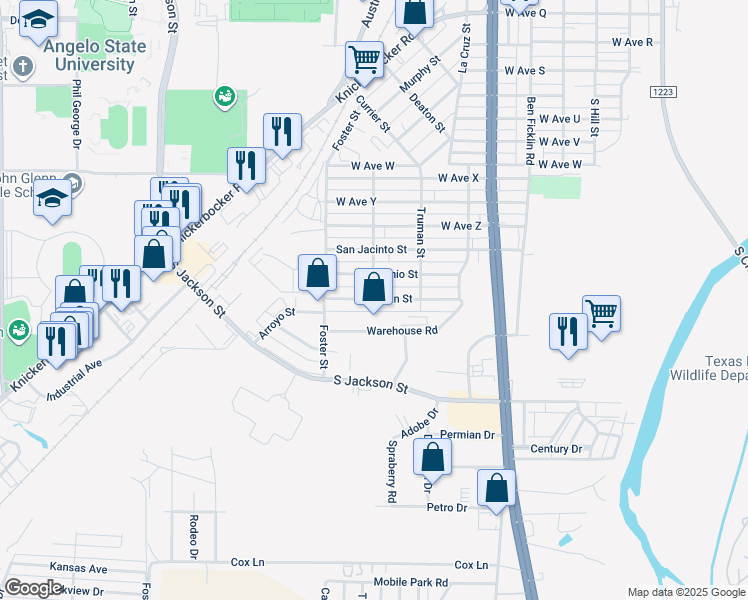 map of restaurants, bars, coffee shops, grocery stores, and more near 800 Julian St in San Angelo