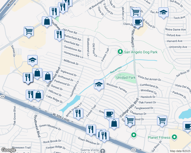 map of restaurants, bars, coffee shops, grocery stores, and more near 3600 High Meadow Drive in San Angelo