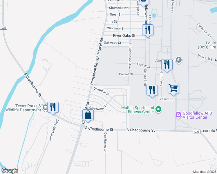 map of restaurants, bars, coffee shops, grocery stores, and more near 214 Edgewood Drive in San Angelo