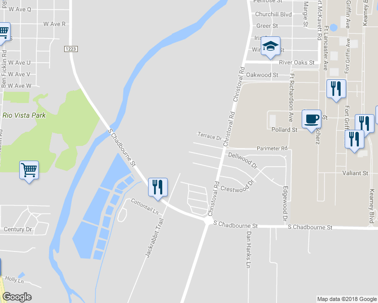 map of restaurants, bars, coffee shops, grocery stores, and more near 68 Amberwood Drive in San Angelo